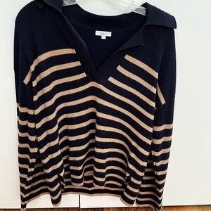 Rails Harris Navy and Camel Small Wool Striped V-Neck Sweater